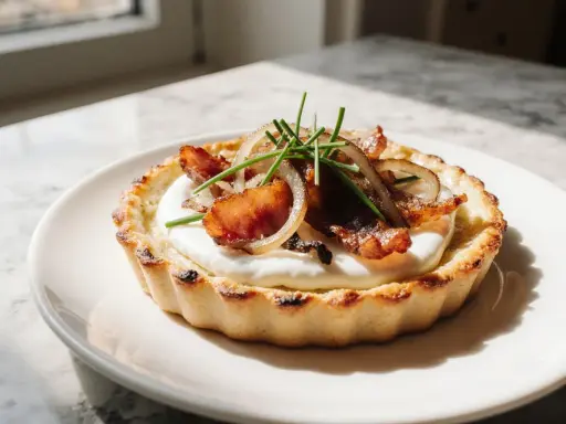 Une flammekueche alsacienne individuelle, garnie de lardons, oignons et ciboulette, sur une crème onctueuse.