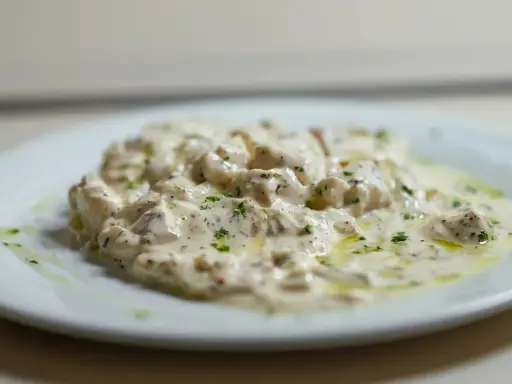 Deliciosa brandada de bacalao cremosa, espolvoreada con perejil fresco y un toque de aceite de oliva.
