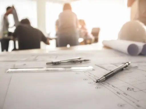 Na stole leżą plany budowlane, cyrkiel, linijka i długopis. W tle widać ludzi dyskutujących o zmianach w projekcie budowlanym bez zgody projektanta.