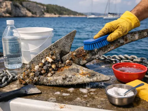 Gant jaune brossant une ancre rouillée couverte de coquillages. Préparation pour le nettoyage du bateau.