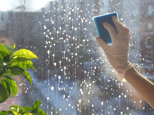Hand mit Handschuh putzt Fenster mit Schwamm. Tropfen und Blasen auf der Scheibe deuten auf das Ziel hin: Fenster putzen ohne Schlieren.