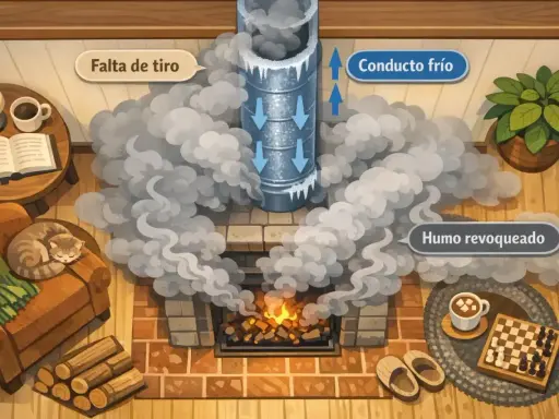 Ilustración de una chimenea que hace humo, con un gato dormido y leña. Muestra cómo arreglar una chimenea que hace humo por falta de tiro.