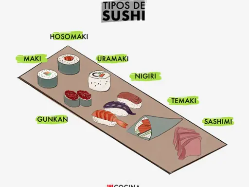 Ilustración de varios tipos de sushi: hosomaki, maki, uramaki, nigiri, gunkan, temaki y sashimi.