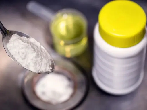 Ein Löffel mit weißem Pulver, bereit für die Reaktion mit Essig. Daneben ein Behälter mit Natron und eine Flasche mit Flüssigkeit.