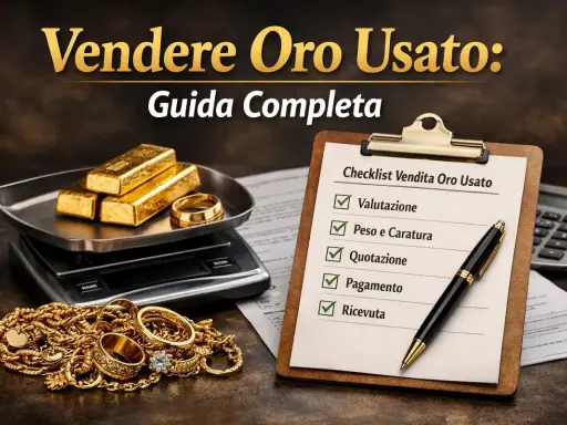 Lingotti d'oro 750, gioielli e una bilancia, con una checklist per la vendita di oro usato.