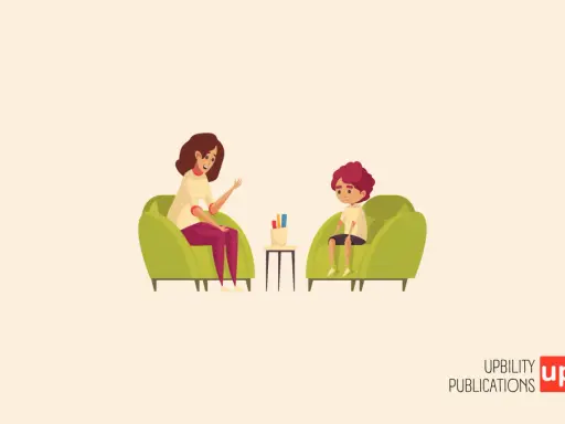 Un bambino parla con una psicologa, un'illustrazione che ricorda un fac simile relazione psicologica bambino.