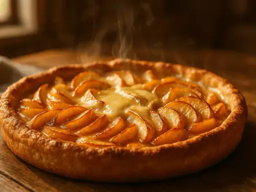 Une délicieuse tarte normande aux pommes, encore fumante, avec sa croûte dorée et ses pommes caramélisées. Un délice !