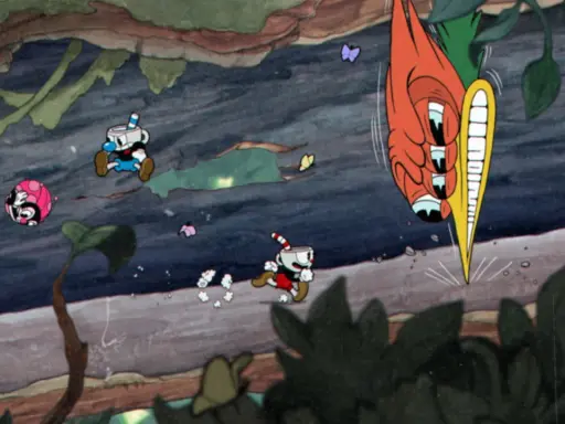 Cuphead i Mugman uciekają przed gigantyczną marchewką w jednej z najlepszych gier indie.