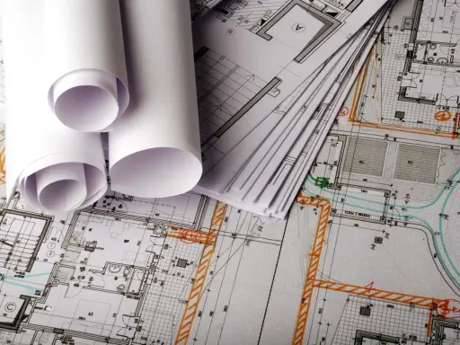 Planos arquitectónicos enrollados y apilados, listos para la construcción.