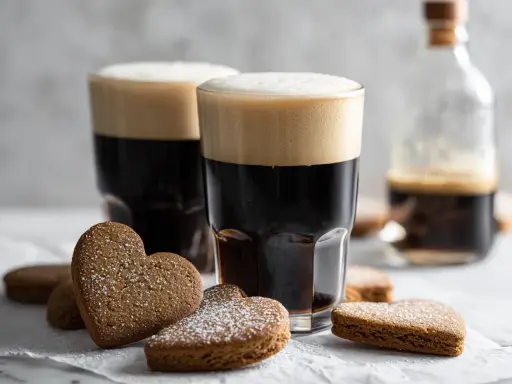 Två glas med mörk kaffedrink med skummande topp, omgivna av hjärtformade pepparkakor.
