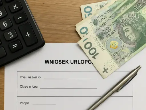 Formularz "Wniosek urlopowy" z długopisem, banknotami 100 zł i kalkulatorem. Czy na umowie zlecenie jest urlop?