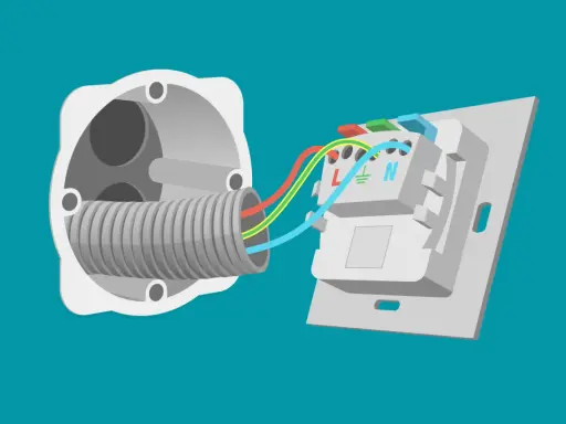 Schéma illustrant comment changer prise électrique : fils colorés connectés à un nouveau mécanisme.
