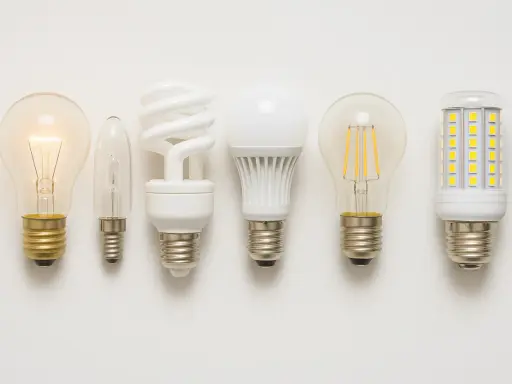 Six ampoules, dont une incandescente allumée, une bougie, une fluocompacte, une LED blanche, une LED filament et une LED maïs. La plupart sont non dimmable, signification : elles ne peuvent pas être variées.