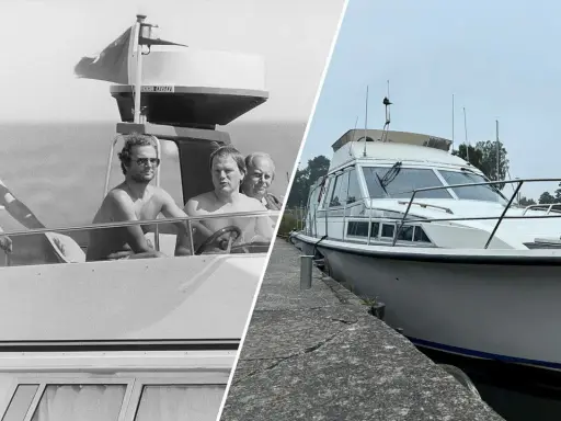 Kungens båt Storebro, en klassiker på vattnet. Bilden visar en historisk bild av tre män på en båt och en modern bild av samma båt vid kaj.