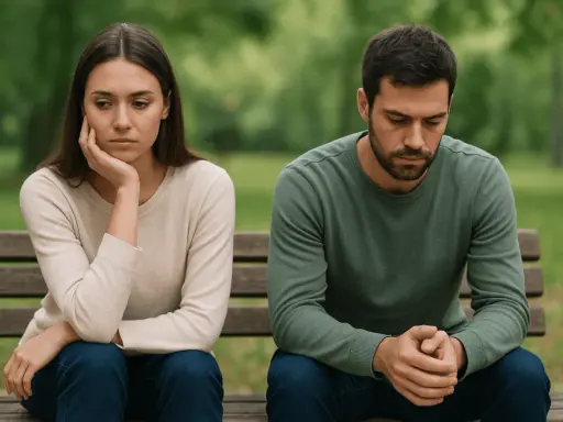 Pareja sentada en un banco, con miradas perdidas. El futuro de su compromiso se siente incierto.