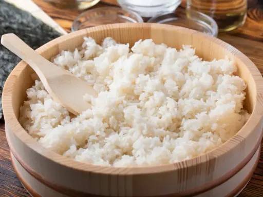 Gotowany ryż do sushi w drewnianej misce z drewnianą łyżką.