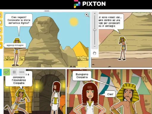Creare un fumetto sull'antico Egitto con la Sfinge, piramidi e Cleopatra.