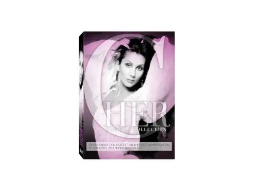 DVD-omslag för "HER The Film Collection" med Cher. Samlingen innehåller filmer som "Good Times" och "Moonstruck".