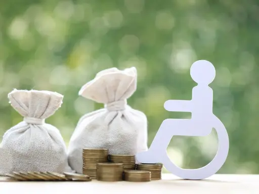 Symbol osoby na wózku obok worków z pieniędzmi i monet. Tabela świadczenie wspierające 2026.