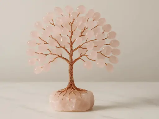 Albero decorativo con tronco e rami in filo di rame, foglie di quarzo rosa. Il quarzo rosa significato esoterico è legato all'amore e alla serenità.
