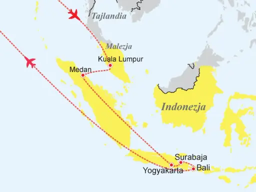Mapa pokazuje, gdzie leży Malezja, między Tajlandią a Indonezją. Zaznaczono loty do Kuala Lumpur i Medanu.