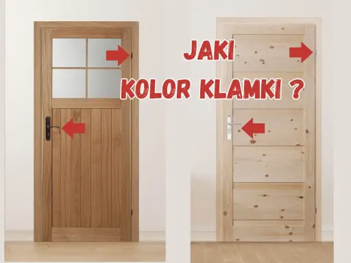 Dwie drewniane drzwi wewnętrzne: ciemniejsze z szybą i jaśniejsze z poziomymi deskami. Czerwone strzałki wskazują na pytanie: "Jaki kolor klamki?".