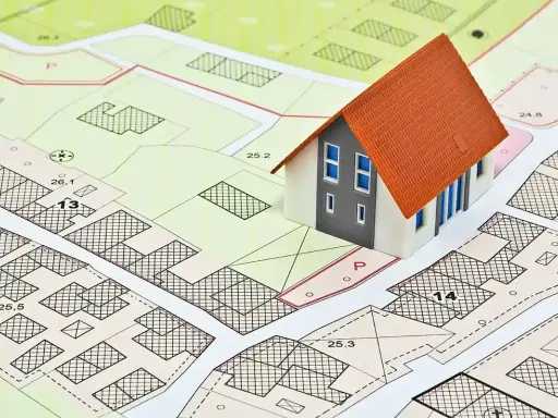 Model domu na tle mapy z zaznaczonymi działkami i oznaczeniami. To wizualizacja miejscowych planów zagospodarowania przestrzennego.