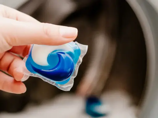 Mano sostiene una cápsula de detergente azul y blanca lista para usar en la lavadora.