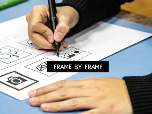 Mano dibujando bocetos de iconos en papel, como una cámara y un sobre. El texto "FRAME BY FRAME" aparece en un recuadro negro.