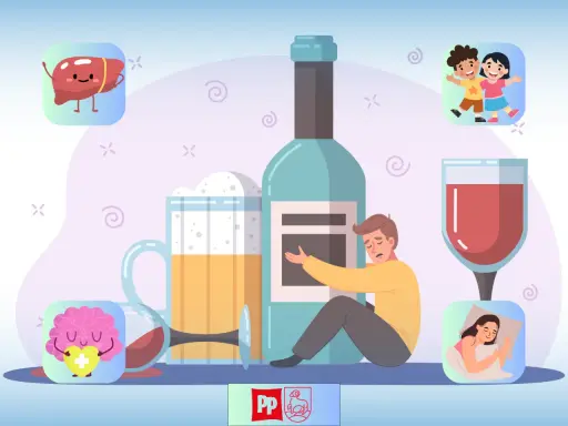 Smutny mężczyzna obok butelki alkoholu, piwa i kieliszka wina. Czy alkohol podnosi ciśnienie? Wizerunki wątroby, mózgu, śpiącej kobiety i dzieci.