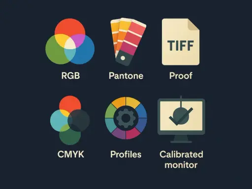 Ikony: RGB, Pantone, Proof, CMYK, Profiles, Calibrated monitor. Kluczowe elementy, by wiedzieć jak wydrukować.