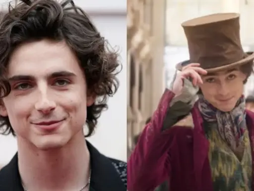 Timothée Chalamet jako Willy Wonka, w cylindrze i kolorowym szaliku, przygotowuje się do przygody.