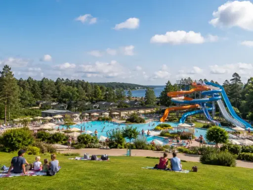 Familj njuter av en solig dag vid ett vattenland med rutschkanor och pooler, en idyllisk semester i norra Sverige.