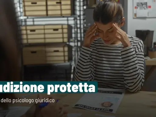 Donna stressata durante un'audizione protetta, con il ruolo dello psicologo giuridico in primo piano.