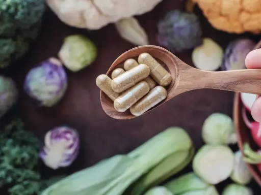 Łyżka z kapsułkami – witaminy na energię. W tle świeże warzywa: brokuły, brukselka, kapusta pak choi.
