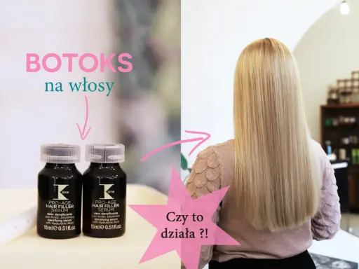 Dwie buteleczki serum do włosów i blond włosy z napisem "Czy to działa?!".