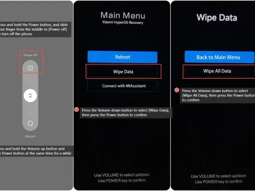 Instrukcja jak zresetować telefon Xiaomi: wyłącz, wejdź w recovery, wybierz "Wipe Data", a potem "Wipe All Data".