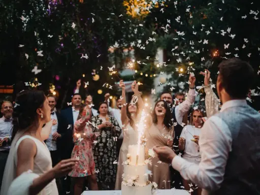Eine ausgelassene Hochzeitsparty statt einer steifen Feier! Gäste werfen Schmetterlinge und zünden Wunderkerzen an, während das Brautpaar vor einem beleuchteten Kuchen steht.