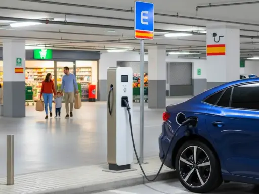 Familia comprando mientras su coche eléctrico se carga en puntos de recarga coches eléctricos en España gratis.