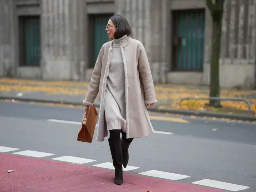 A woman demonstrates how to layer a dress for winter with a cozy turtleneck dress, a shearling coat, and stylish boots.
