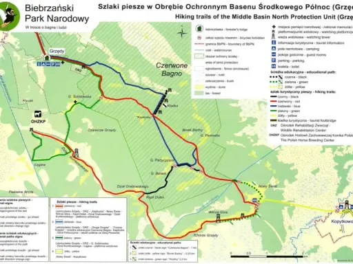 Mapa szlaków pieszych i edukacyjnych Biebrzańskiego Parku Narodowego. Atrakcje przyrodnicze i turystyczne.