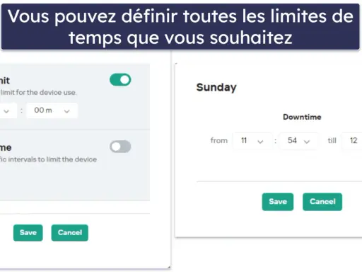 Interface de contrôle parental PC pour définir des limites d'utilisation quotidiennes et des plages horaires de temps d'arrêt.