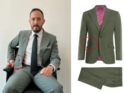 Man in a sage green suit with a ticket pocket, showing off the suit's details.