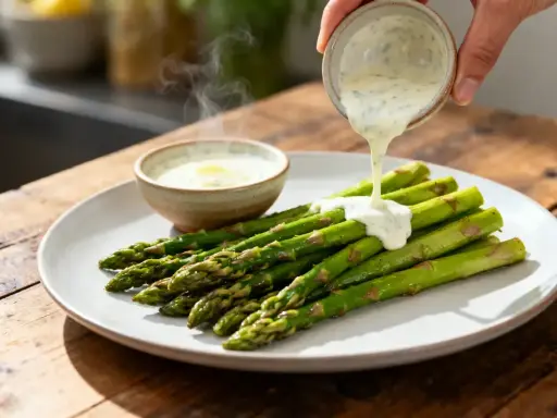 Une sauce hollandaise au siphon est versée sur des asperges vertes sur une assiette.