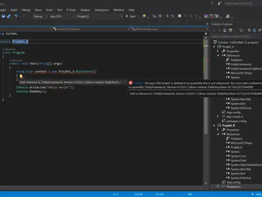 Błąd kompilacji CS0012 w C# podczas próby odczytu XML. Brak referencji do EntityFramework.