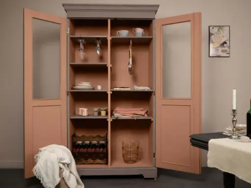 Armoire vitrée avec un relooking meuble 2 couleurs : gris anthracite et rose poudré. Elle contient vaisselle, verres, bouteilles de vin et objets déco.