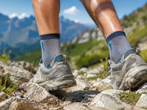 Nogi w butach trekkingowych na lato, pokonujące kamienisty szlak w górach. Idealne, by cieszyć się wędrówką.