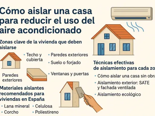 Guía para aislar tu casa y reducir el uso del aire acondicionado. Explica zonas clave, materiales y técnicas efectivas, incluyendo la permeabilidad al aire en clases de aislamiento.