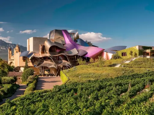 Edificio vanguardista con tejados curvos y viñedos en primer plano. Un ejemplo de alojamientos originales España, donde la arquitectura se fusiona con la naturaleza.