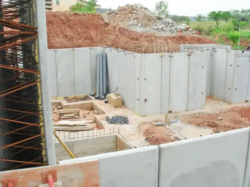Construcción de un muro de contención con paneles prefabricados de hormigón. Se observan tuberías y materiales de construcción en el sitio.